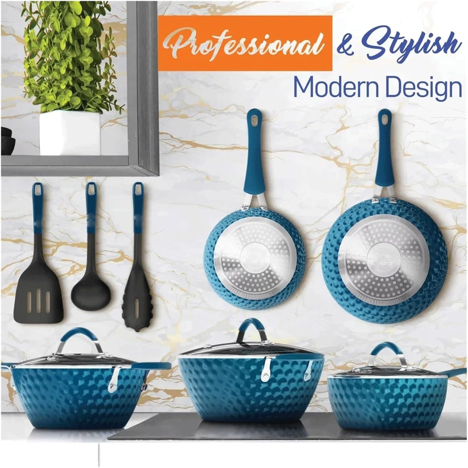 Home Kitchen Cookware Set Pots and Pans Set Stainless Steel Cookware Set (Blue Fits All)