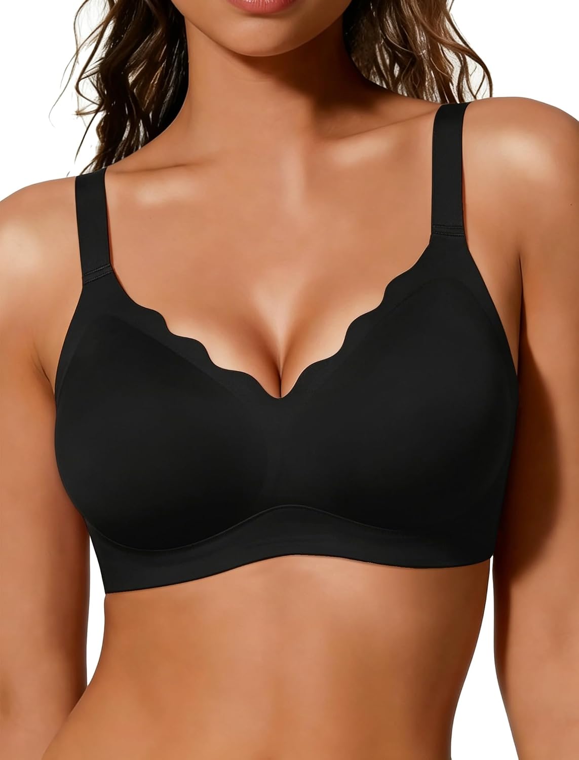COCOMARTS Jelly Bras for Women No Underwire Seamless Push Up Scalloped Tshirt Bralettes Comfortable Wireless Everyday Bra Black 3X-Large