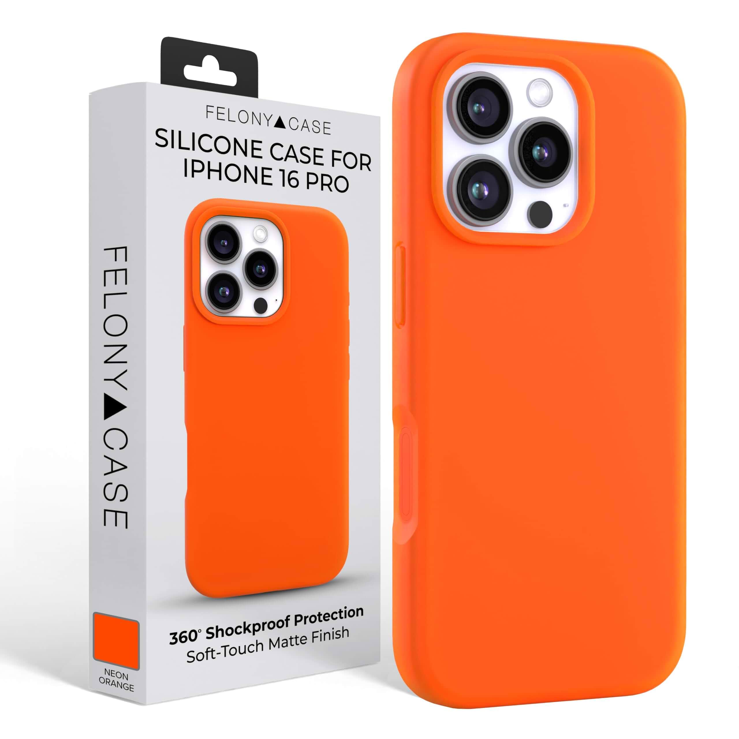FELONY CASEfor iPhone 16 Pro Silicone Case, Non-Slip Grip, Neon Orange Liquid Silicone Exterior, Microfiber Lining, 360° ShockProof Cover, Impact Protection, Crack Resistant, Vivid Colors