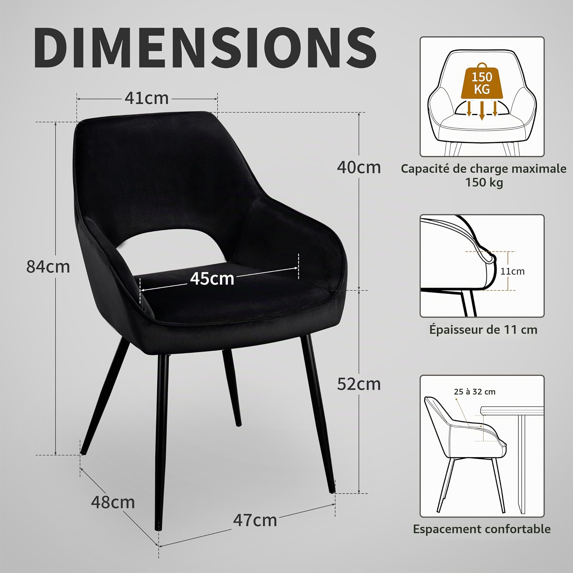 STOOLINK Chaise de Salle à Manger Lot de 4, Chaise Salle a Manger Design Moderne, Chaise de Salle en Velours Rembourrée avec Dossier Découpé pour Cuisine, Salon - Noir