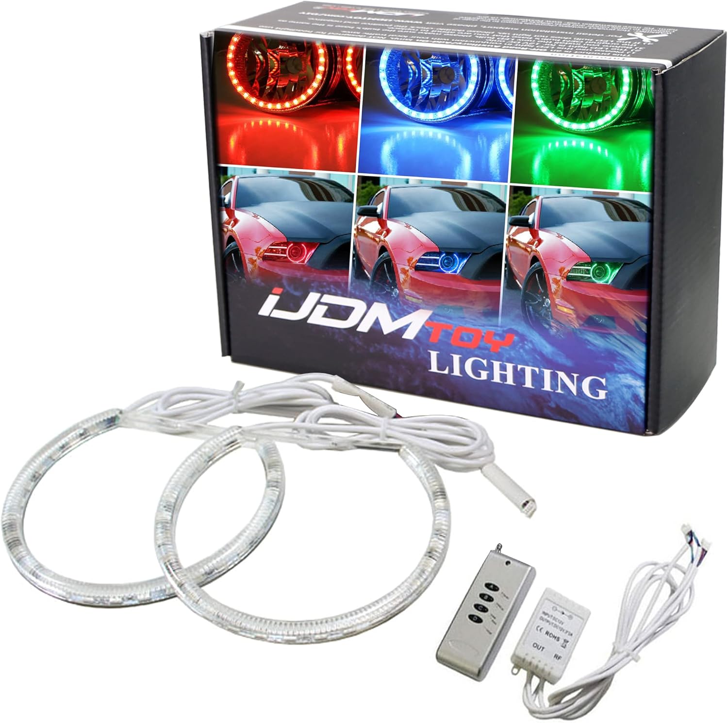 iJDMTOY Semi-Clear Lens, 7-Color Multi-Color Full LED Angel Eyes Halo Rings w/Adjustable Setting Control, Compatible with 2013 2014 Ford Mustang Projector Front Road Illuminating Light Retrofit