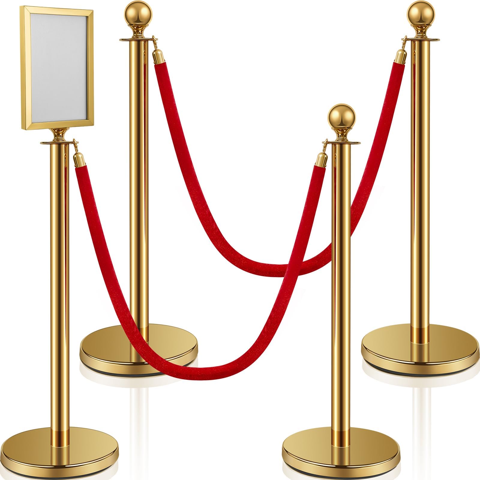 Ferraycle 4 Stainless Steel Crowd Control Stanchion and Velvet Ropes 5 ft Red Carpet Ropes and Poles Hollow Base Crowd Control Barriers Red Velvet Ropes and Posts with Stanchion Sign Holder (Gold)