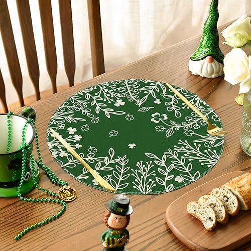 Miniatura 3 de Artoid Mode Juego de 4 manteles individuales redondos con diseño de trébol verde para el día de San Patricio, manteles individuales redondos de