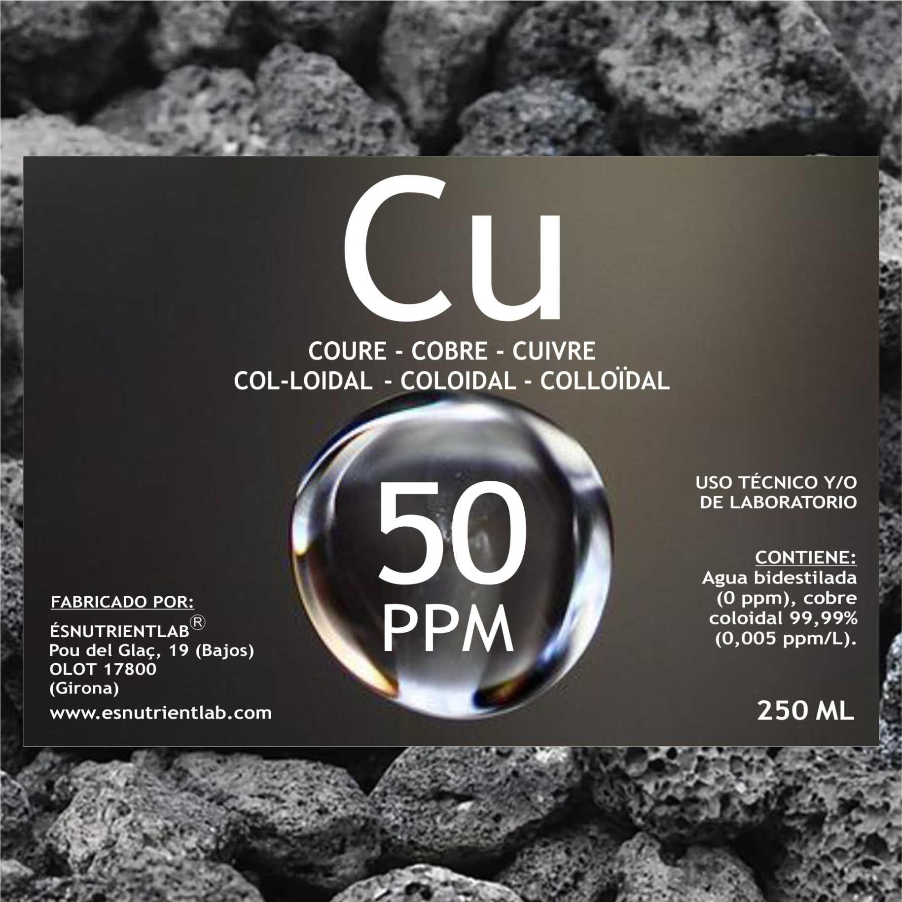 Cobre coloidal artesanal 50 PPM, 250 ml. Con certificado de autenticidad. ESNUTRIENTLAB. 99,99% de pureza.