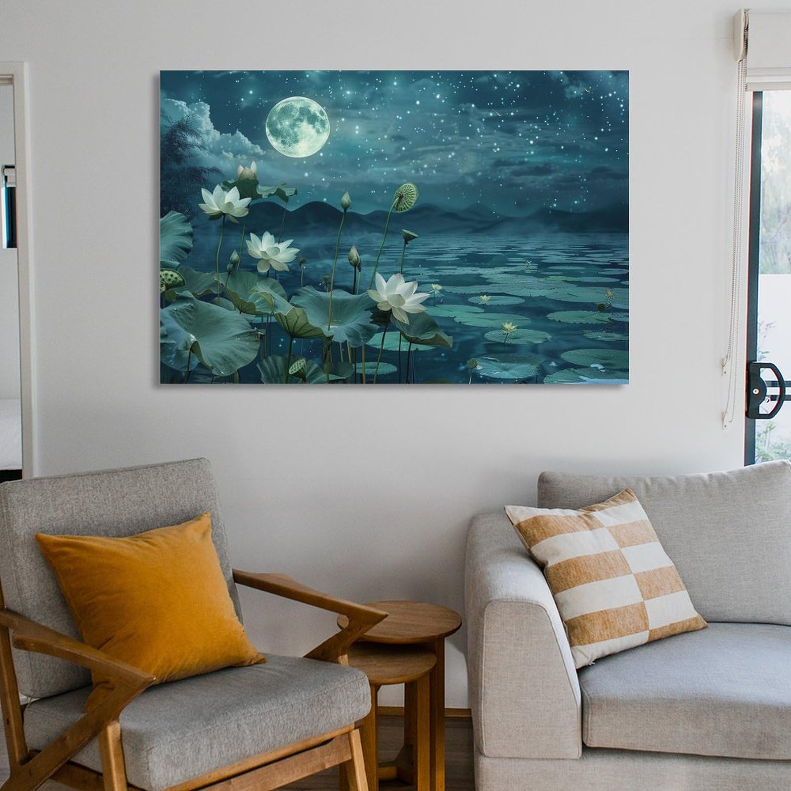 Amazon.co.jp: 絵画 月夜の蓮池インテリア 絵画 美しい海の景色 魅力的