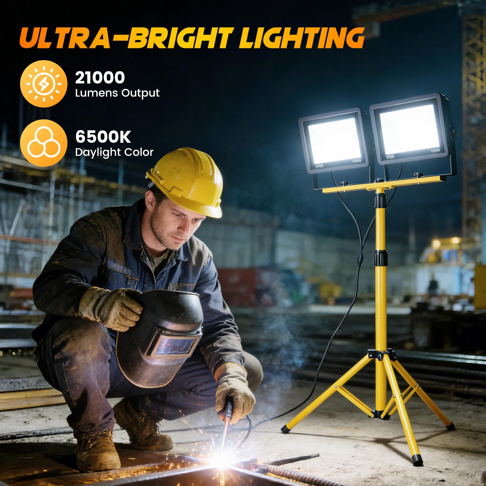 Baustrahler LED mit Stativ, 2x100W 21000LM Baustellenlampe, 5M Kabel IP66 Wasserdicht 72LEDs 360° Drehbar Bauscheinwerfer, höhenverstellbar Baustellenstrahler, für Garage & Baustelle