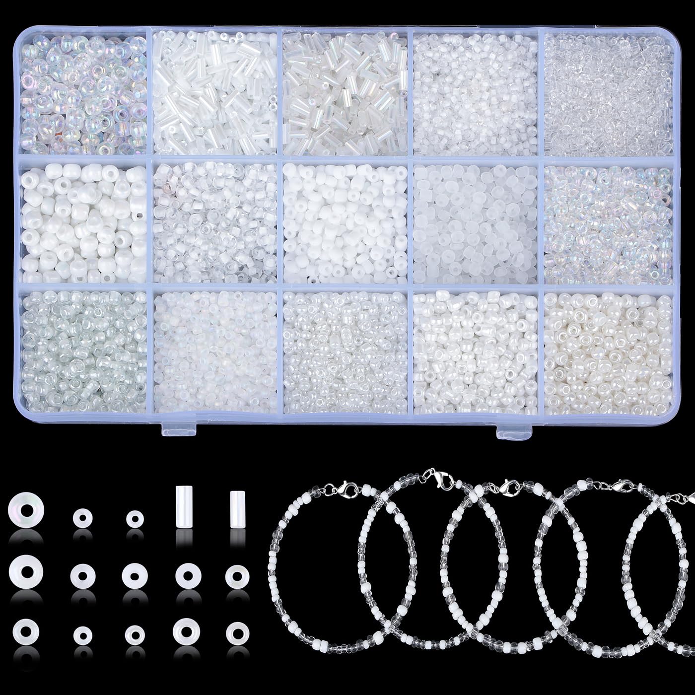 GUJOXILA White Seed Beads Embroidery Beads Kit White Glass Seed Bugle Bead Set 2mm 3mm 4mm Small Bead for Bracelet Jewelry Making Crafting 15 Colour