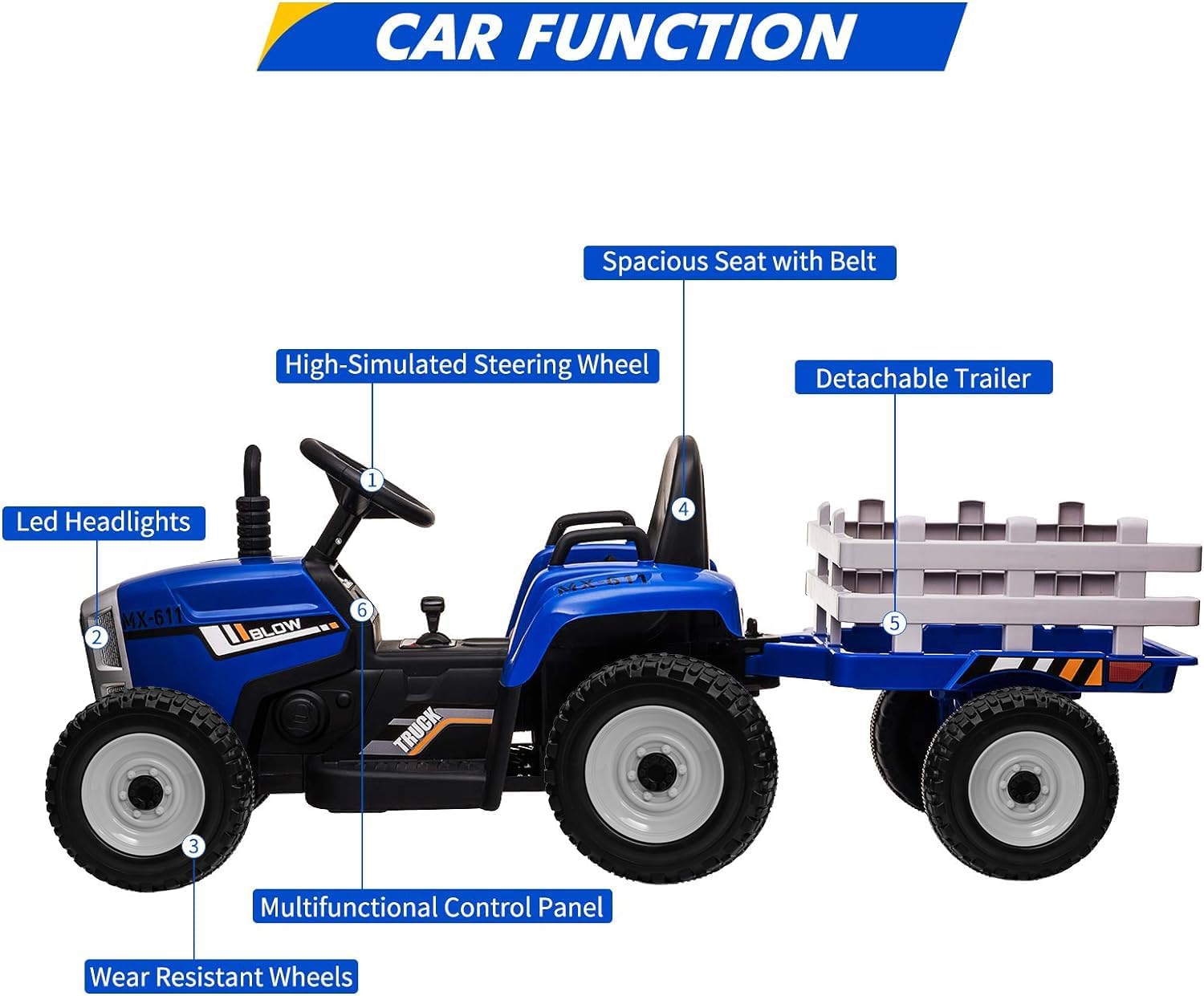 Nasitip 12V Kids Battery Powered Electric Tractor with Trailer, Toddler Ride On Car w/Remote Control/ 7-LED Headlights/ 2+1 Gear Shift/ MP3 Player/USB Port for Kids 3-6 Years (Blue, 35W/ EVA Tire)
