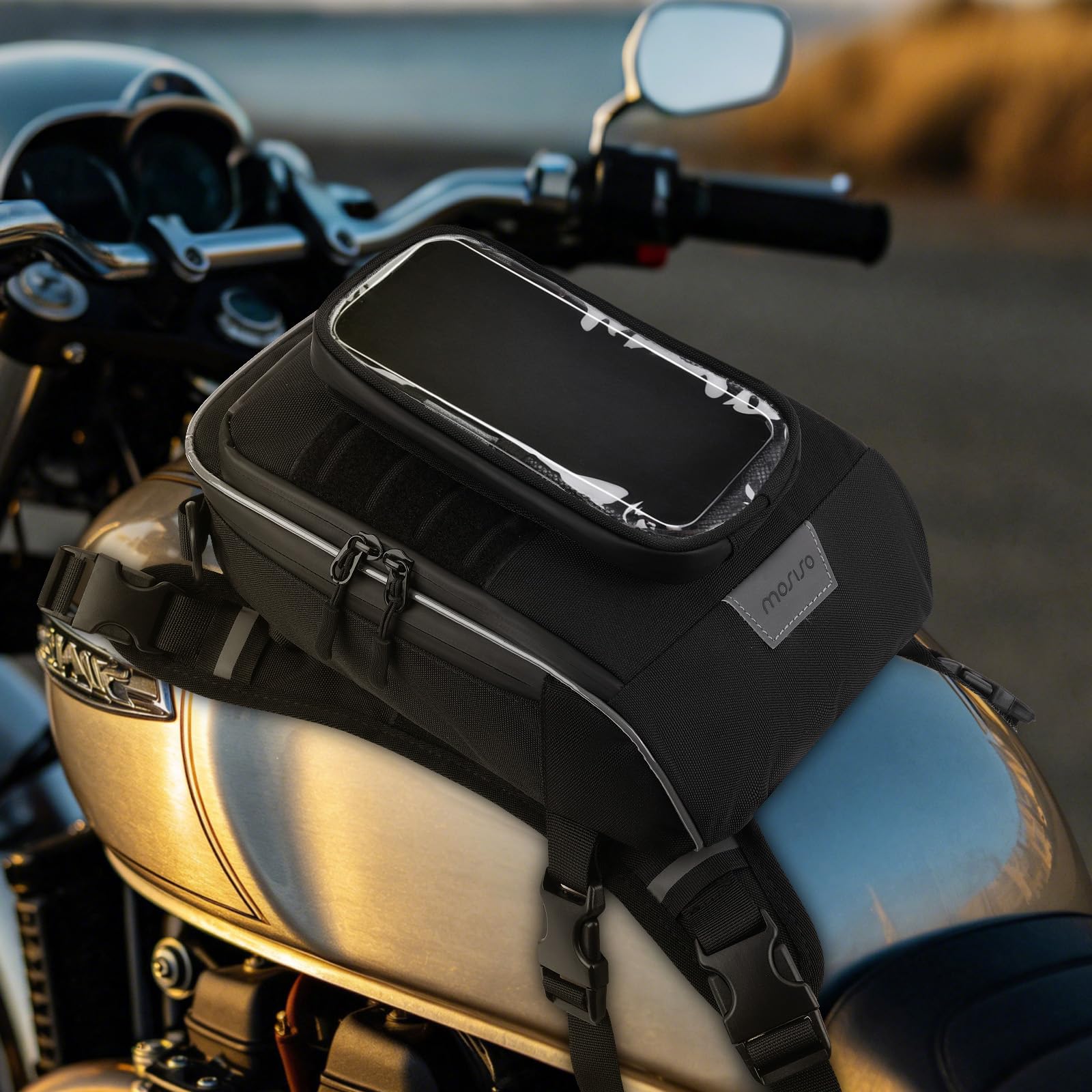 MOSISO Sac Réservoir Moto, 5 Sangles Renforcées Haute Résistance, Base Antidérapante Portable Détachable, Sac Multifonction Accessoires Moto Cyclisme Extérieur Rangement, Noir