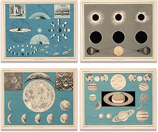 Vintage Educational Atlas of Astronomy Wall Art Set of 4 8x10 Unframed Posters - Celestial Diagrams, Solar System, Lunar Phases Chart, Saturn Rings, Moon Phases, Retro Antique Science Classroom Decor