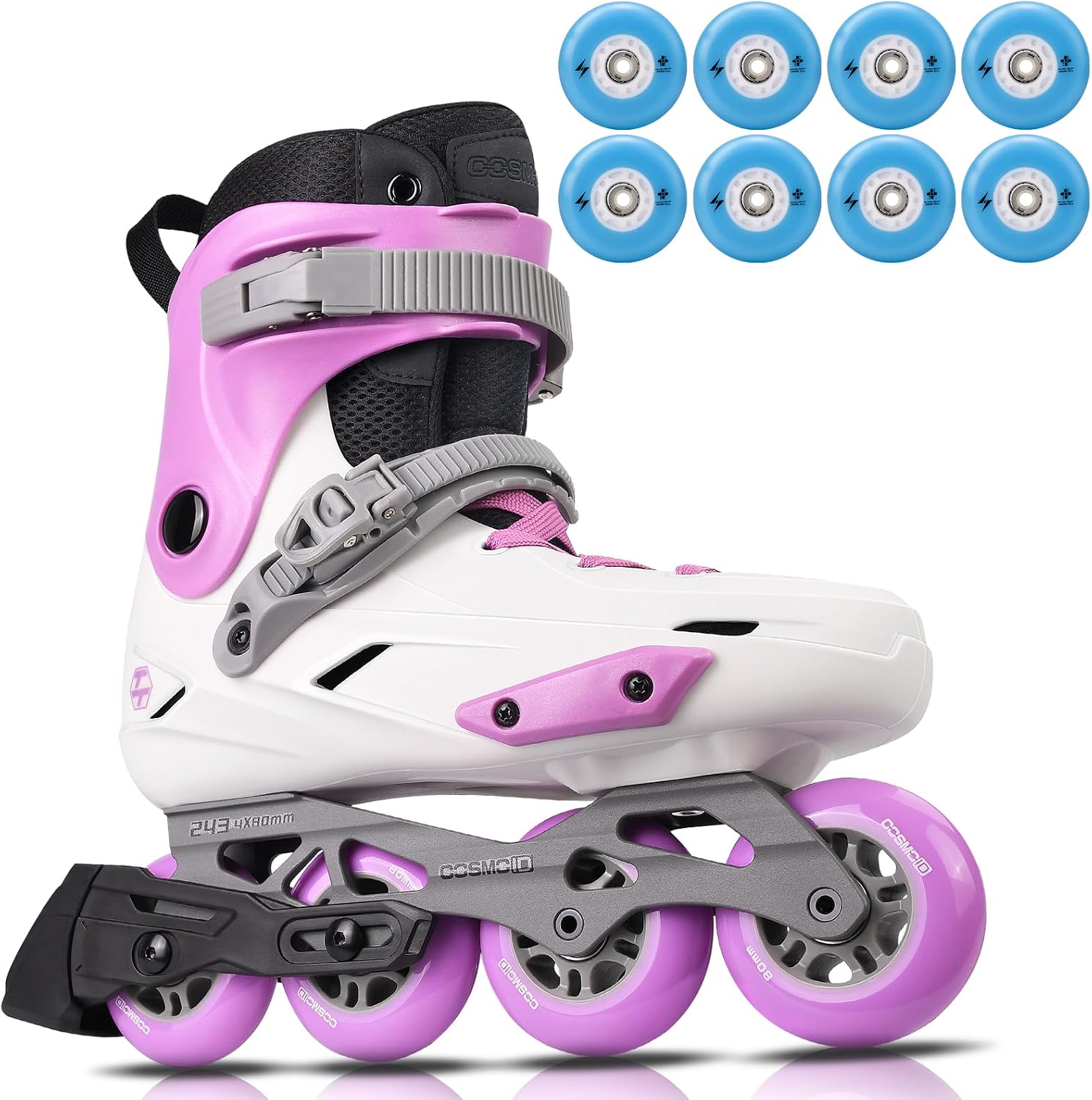 Blue Glow Motion – COSMOID Inline Skates for Adults (Size 5-14.5) + Blue Light-Up Wheels 80mm (8-Pack), High Performance Night Skating Set