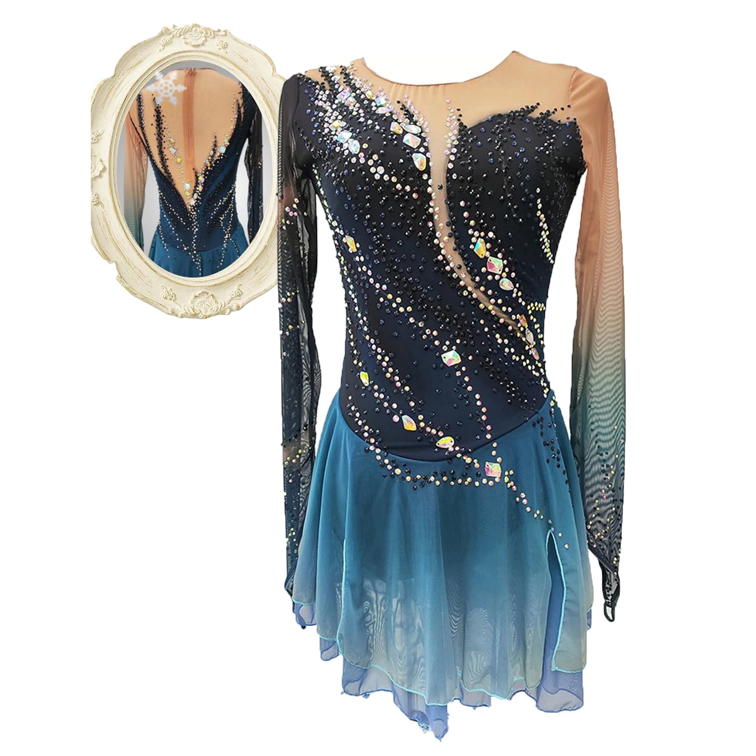 purpleq Eiskunstlauf Kleid für Damen Eislaufbekleidung für Mädchen Dunkelblaues Halo Färben Elastizität Professionelle Wettkampf Skating Bekleidung Kristall Warmes Langarmshirt