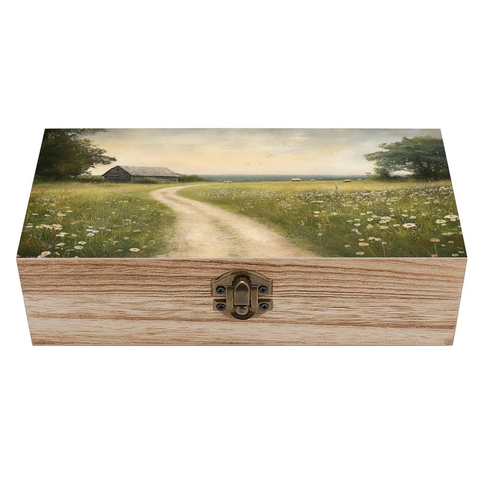 Ahdyr As Pic Spring Meadow Dirt Path Flowers Landscape Wooden Storage Box With Hinged Lid And Front Clasp Large Keepsake Box