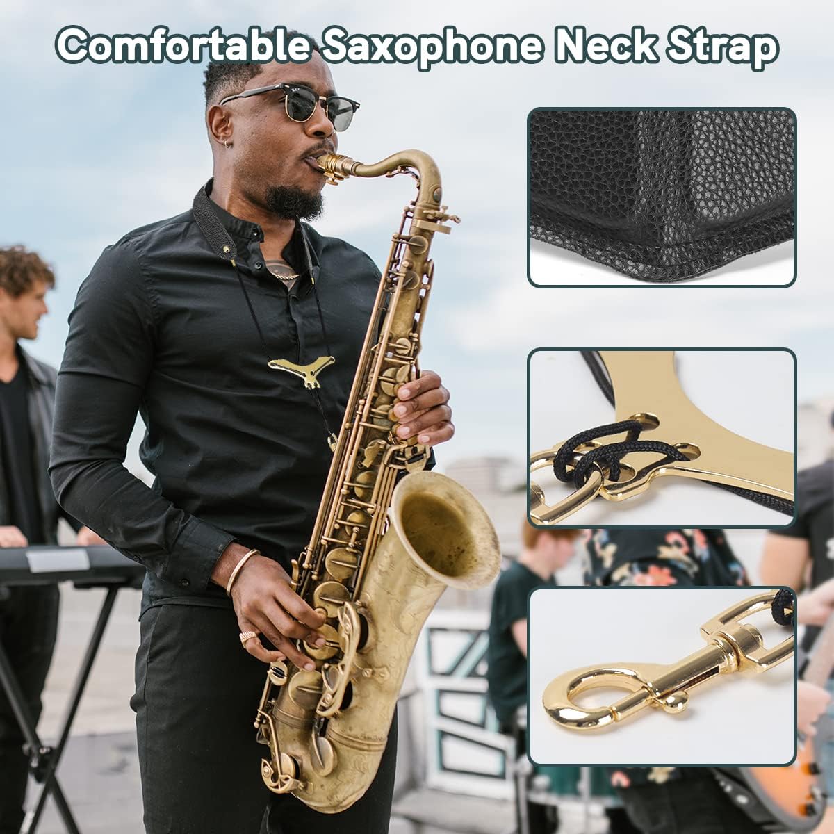 Xverycan Saxophone Neck Strap, Comfortable Leather Neckband with Built-in Soft Pads, Durable Hook, Adjustable Length, Relieve Shoulder & Neck Pressure, Instrument Neckband for Bassoon, Tuba, Clarinet : Musical Instruments