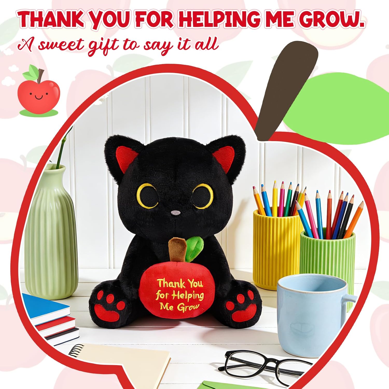 Black Cat Plush Holding Red Apple - Teacher Appreciation Gift 8inch Cute Stuffed Cat Plushie, Soft Stuffed Animal Toy for Kids, Creative Fruit Food Plush
