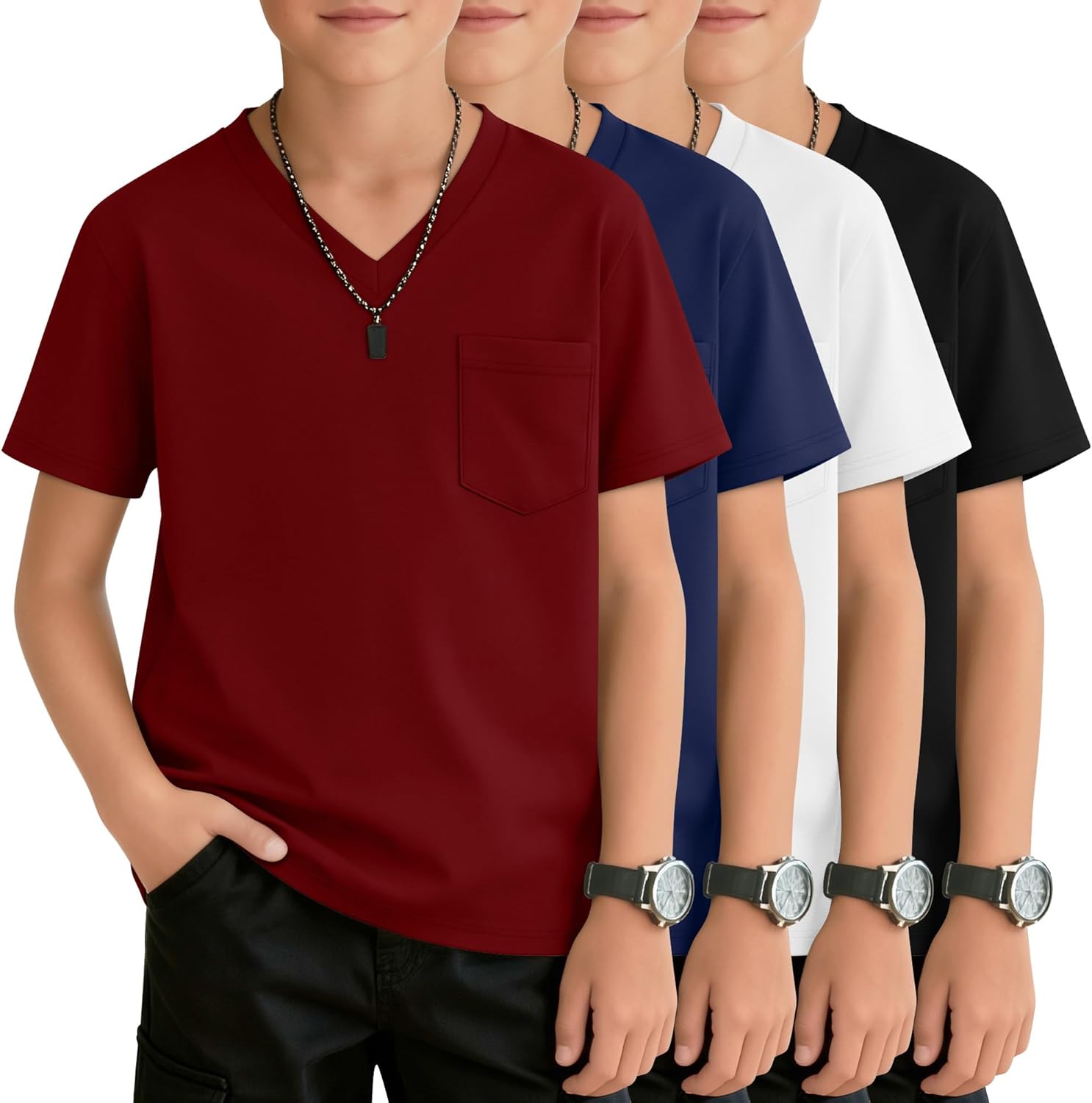 4 Pack Boys' Short Sleeve T-Shirts Pocket V Neck Loose Fit Tops Tween Kids Casual Solid Summer Basic Tees 5-14 Years