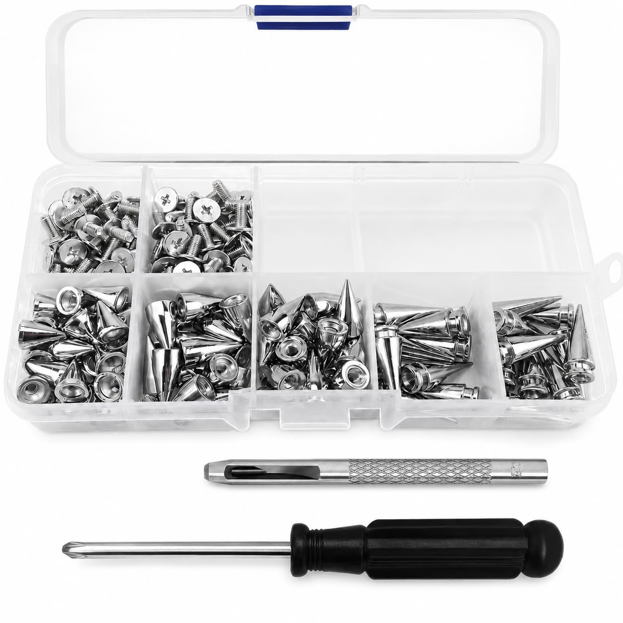 Cosblisvia 203 Pieces Metal Studs and Spikes Set, 0.39-0.79 Inch Silver Studs for Clothing for Crafters, Cosplayers, Creators Upgrading Jackets, Repairing Bags, Styling Belts