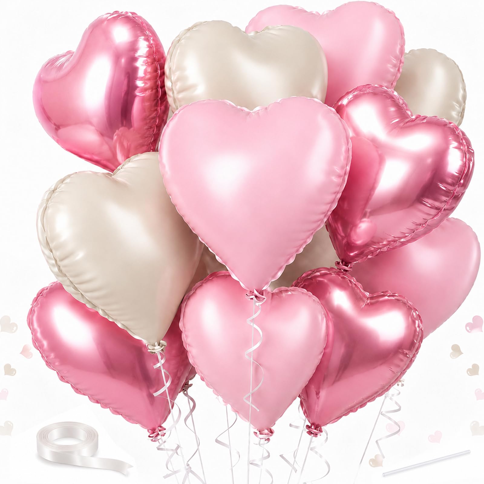 RIXJOR Pink Balloons, 12 Pack 18 Inch Heart Balloons Foil Set with Ribbon & Straw, Birthday Balloons in Metallic Pink, Pale Pink & Sand White for Wedding, Baby Shower, Anniversary Party
