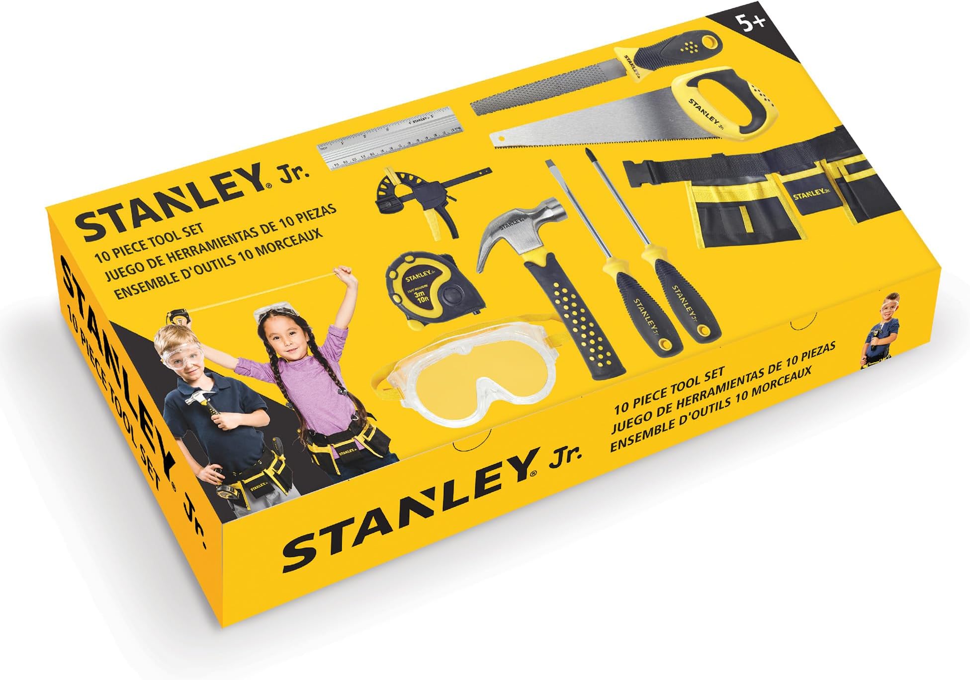 Jr. 10-Piece Kids Tool Set with Tool Belt Pouch and Real Construction Tools for Pretend Play Toys or Building and Woodworking Activities