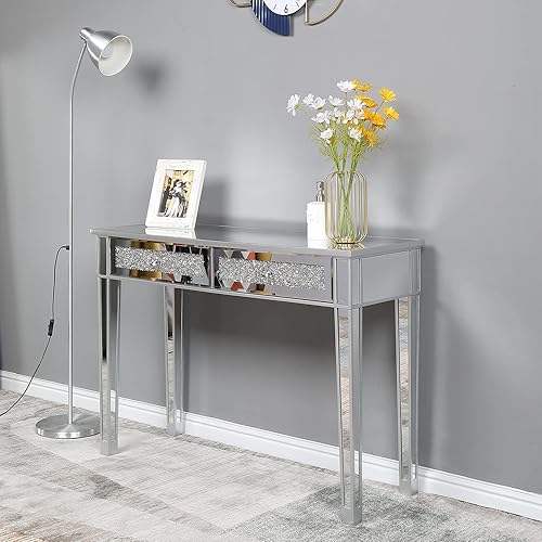 Mesa con espejo, tocador de maquillaje con espejo, mesa de consola multimedia de 2 cajones para mujeres y niñas, entrada, hogar, oficina, escritorio