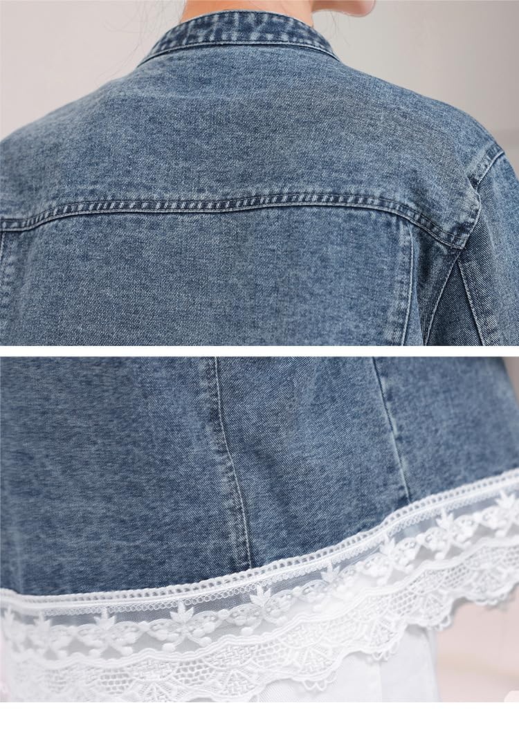 Chaqueta Vaquera Informal De Primavera Para Mujer Chaqueta Corta Con Cuello Redondo Y Dobladillo De Encaje Con Una Hilera De Botones Ropa De Abrigo Vaquera Elegante De Manga Larga