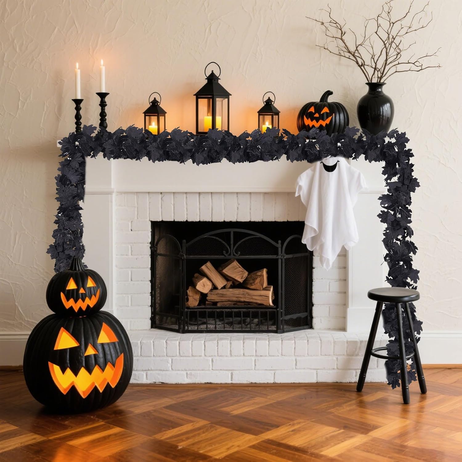 2 Pcs Black Decorations Halloween Maple Leaf Garland, Halloween Party Decor Home Backdrop Wall Fall Decor, Fall Floral Garlands Thanksgiving Decor for Home Wedding Party(Total 9-FT) - Image 3