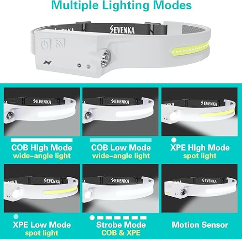 Vista 22 de SEVENKA 2 faros recargables, linterna LED brillante, 1000 lúmenes, haz de luz de 230° de ancho y luz puntual, modo sensor, lámpara de cabeza ligera