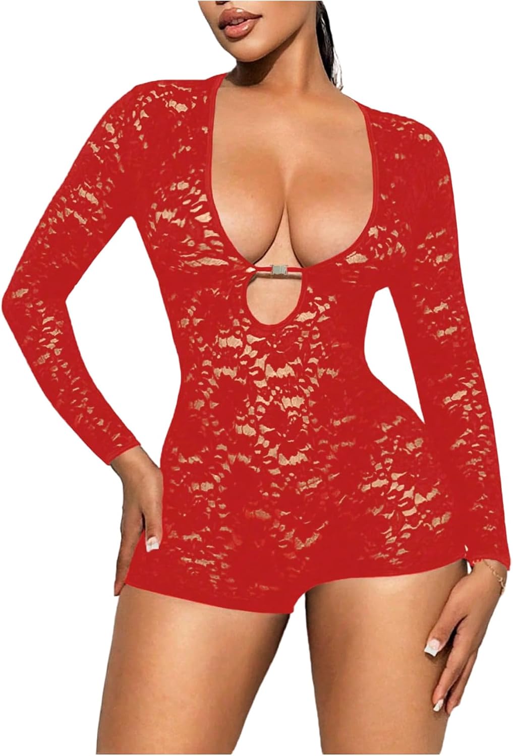 OYOANGLE Women's Long Sleeve Low Cut Floral Lace Romper Y2K Going Out Skinny Short Jumpsuits