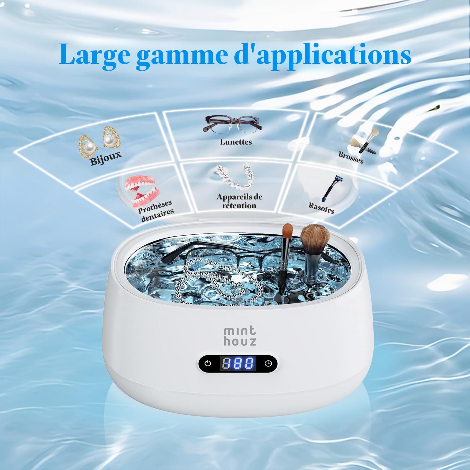 Minthouz - Appareil de nettoyage à ultrasons pour lunettes, 600 ml - Nettoyeur à ultrasons pour lunettes avec 5 modes de nettoyage, appareil de nettoyage à ultrasons pour lunettes, bijoux, prothèses