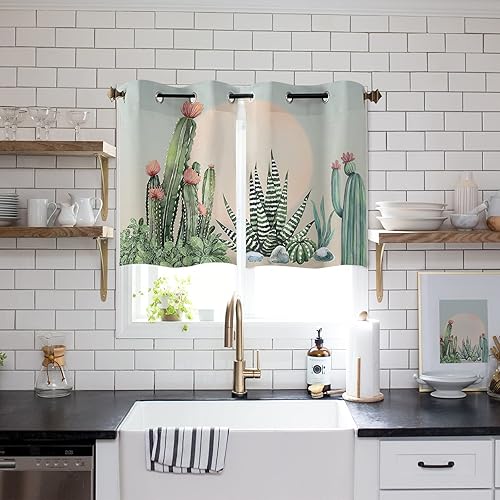 Miniatura 2 de Tropical Plants Curtains Kitchen Blackout Curtain Polyester Blend Drapes 27.5x39 Inch Succulents and Cactus in Sunset Curtains Rod Pocket Set 2
