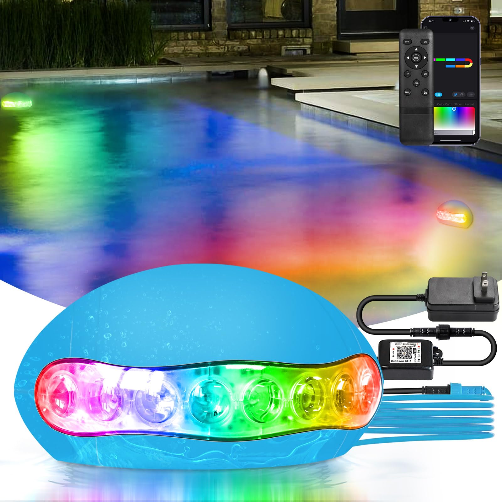 INDARUN 5V RGB Color Changing Led Pool Light with Smart IC, 15W Low Power Underwater Pool Light with Remote Control, IP68 Waterproof, for Pool Party,