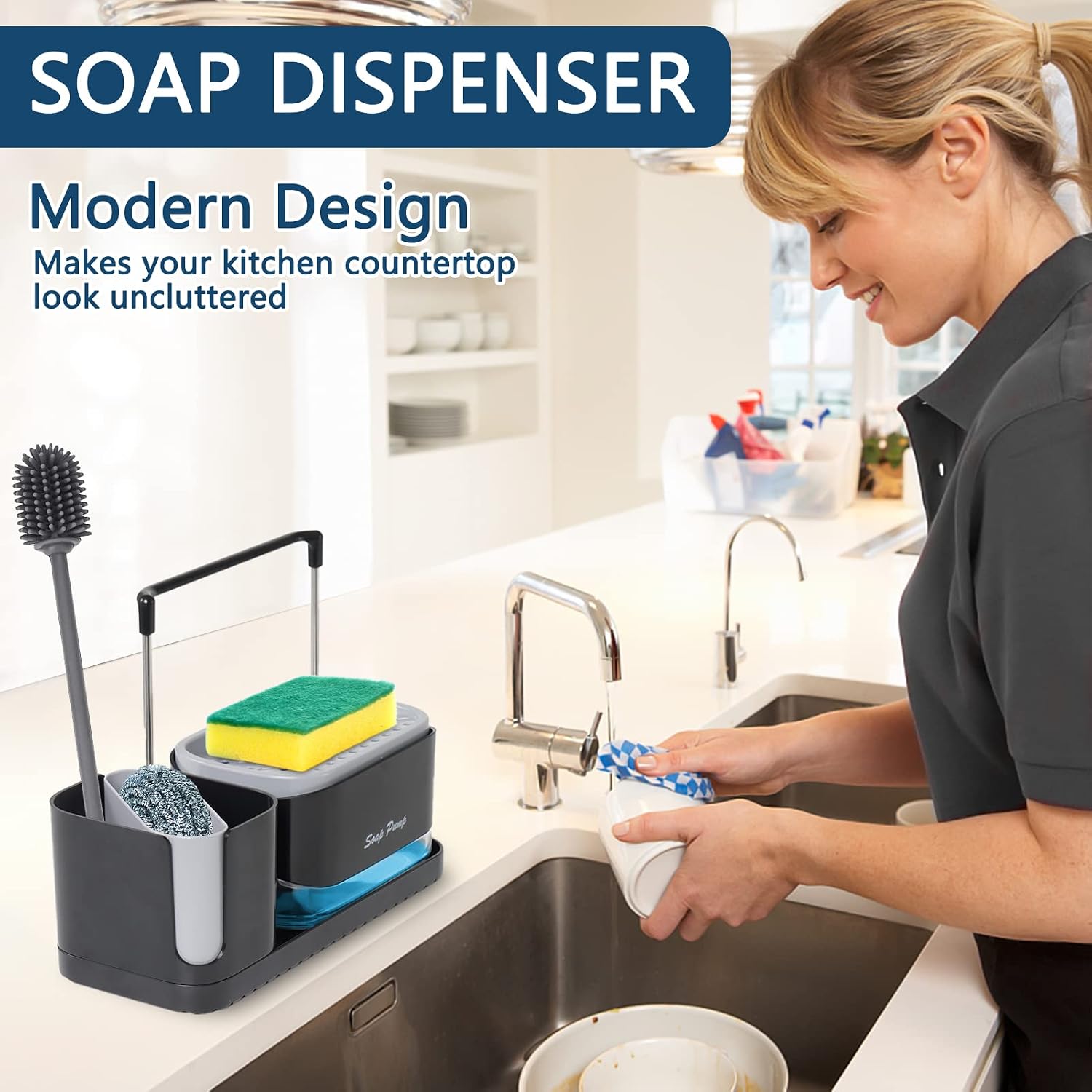 Kitchen Soap Dispenser with Sponge Holder, Soap Pump Dispenser Set with Brush Holder, Detachable Soap Dispensing and Sponge Holder, Countertop Sponge Caddy Soap Dish Dispenser for Kitchen Sink, Black