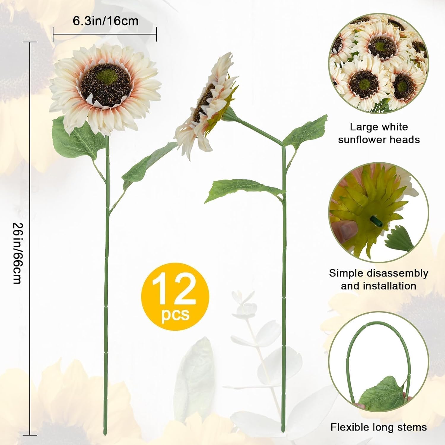 HUAESIN 12 Pcs 26" Sunflowers Artificial Flowers Long Stem White Fake Sunflowers with 6" Large Heads Realistic Silk Flower Arrangements for Indoor Outdoor Table Home Decor Garden Entryway Farmhouse