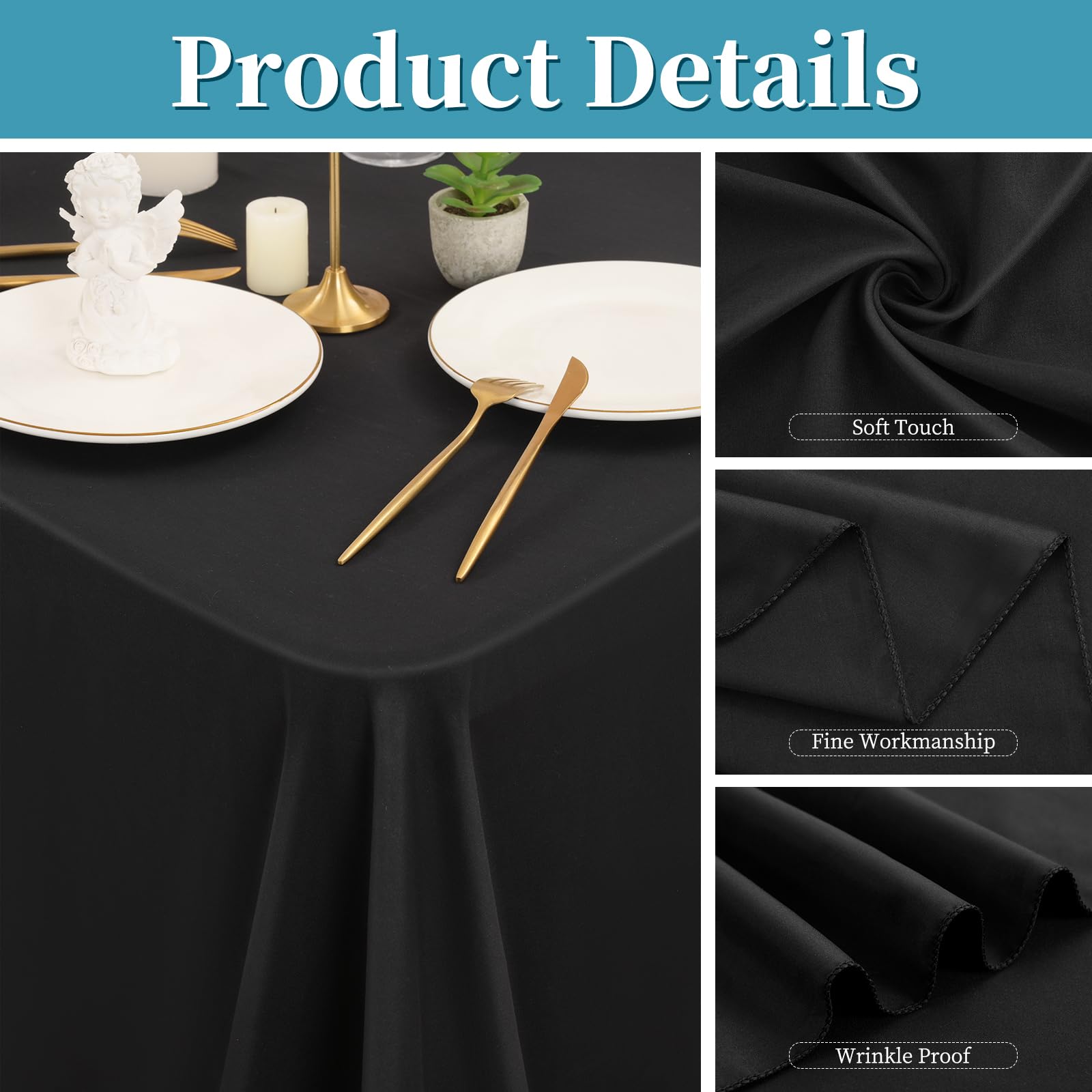 Lot de 6 nappes rectangulaires noires résistantes aux taches et aux plis, lavables en polyester pour table à manger, buffets et mariages