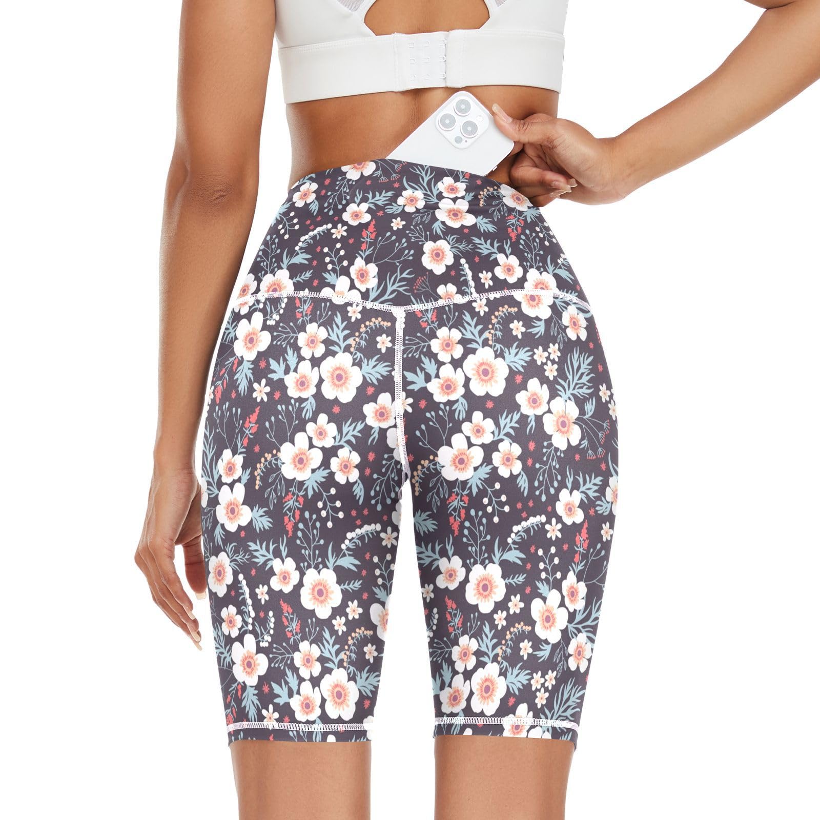 Linomo Women's High Waist Yoga Shorts, Floral Flower Workout Running Shorts Gym Cycling Shorts Yoga Leggings for Women Girls Multicoloured