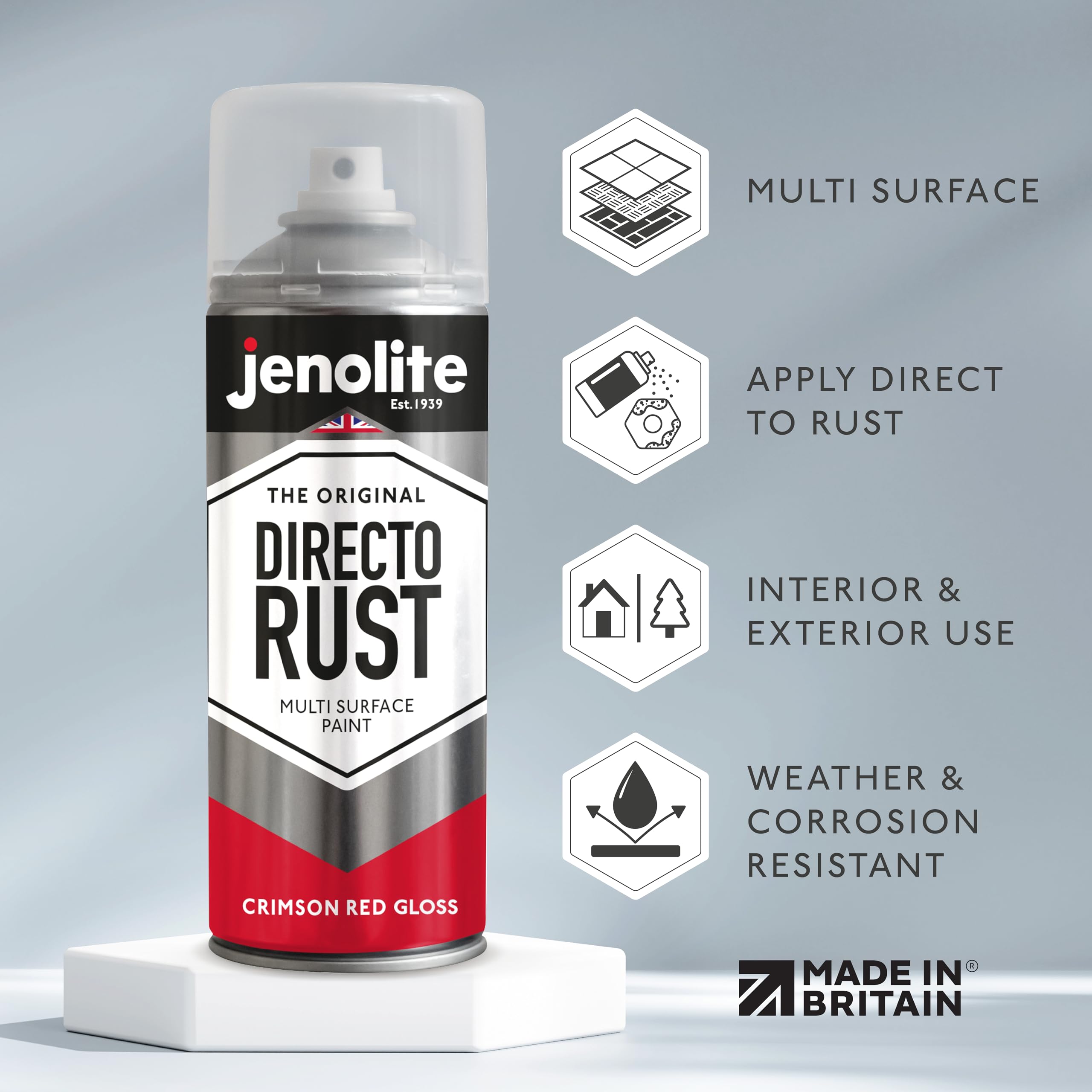 JENOLITE Directorust Farba w sprayu z połyskiem, karmazynowa czerwień, 3 x 400 ml, farba w sprayu do metalu, tworzywa sztucznego, ceramiki | RAL 3027