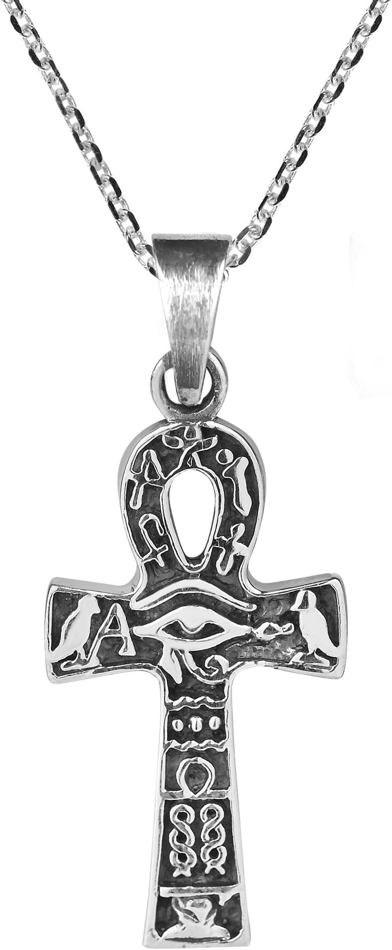 AeraVida Egyptian Eye of Horus Ankh Cross .925 Sterling Silver Pendant Necklace, Metal