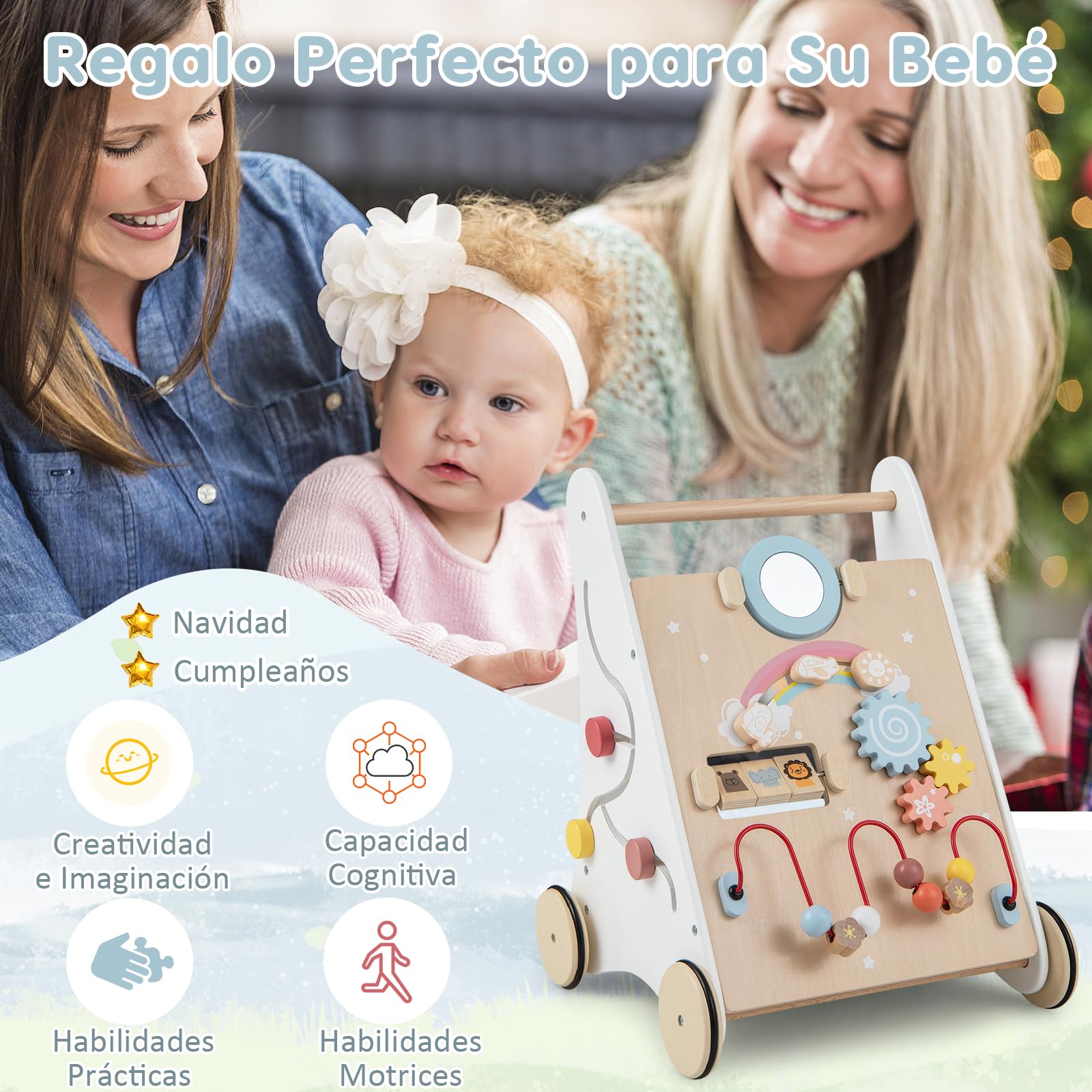 RELAX4LIFE 7 en 1 Andador Bebes de Madera, Parque Infantil Bebe con 7 Juguetes Interactivos y Espacio de Almacenaje, Correpasillos Bebe, Juguete Montessori para Bebés 12+ Meses, 34,5x32,5x45cm, Blanco