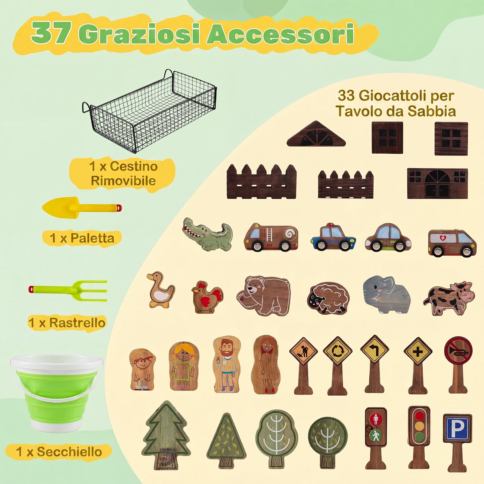 COSTWAY Sabbiera per Bambini da Esterno, in Legno con 33 Giocattoli | Tavolo Sabbiera e Acqua, Paletta e Rastrello, Tavolo Sensoriale con Pompa e Lavello Smontabile per Bambini 3+ Anni