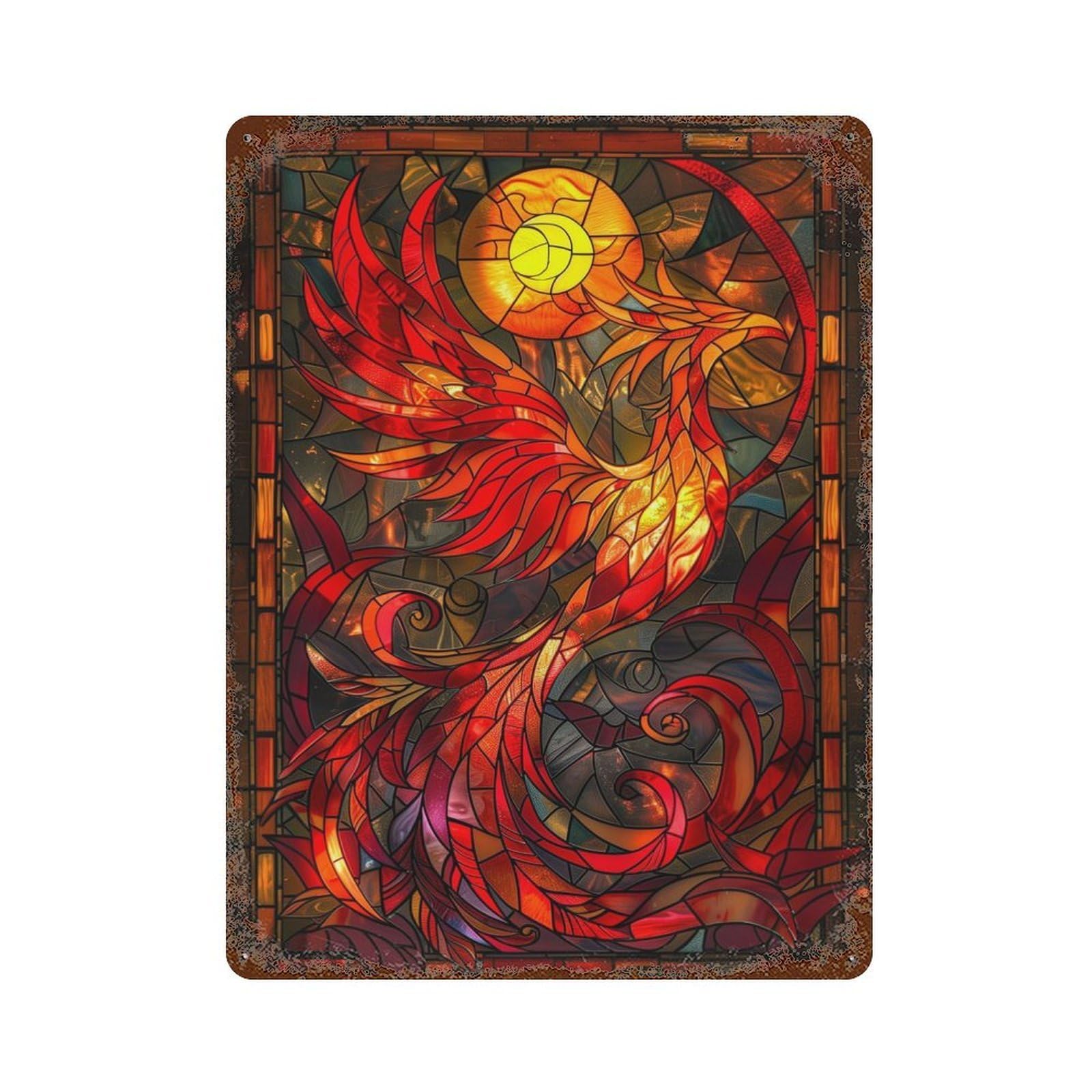 Garage Style Bird Phoenix Stain Glass Vintage Rust Metal Sign 15.7"x11.8", Vintage Wall Decor for Bar And Workshop
