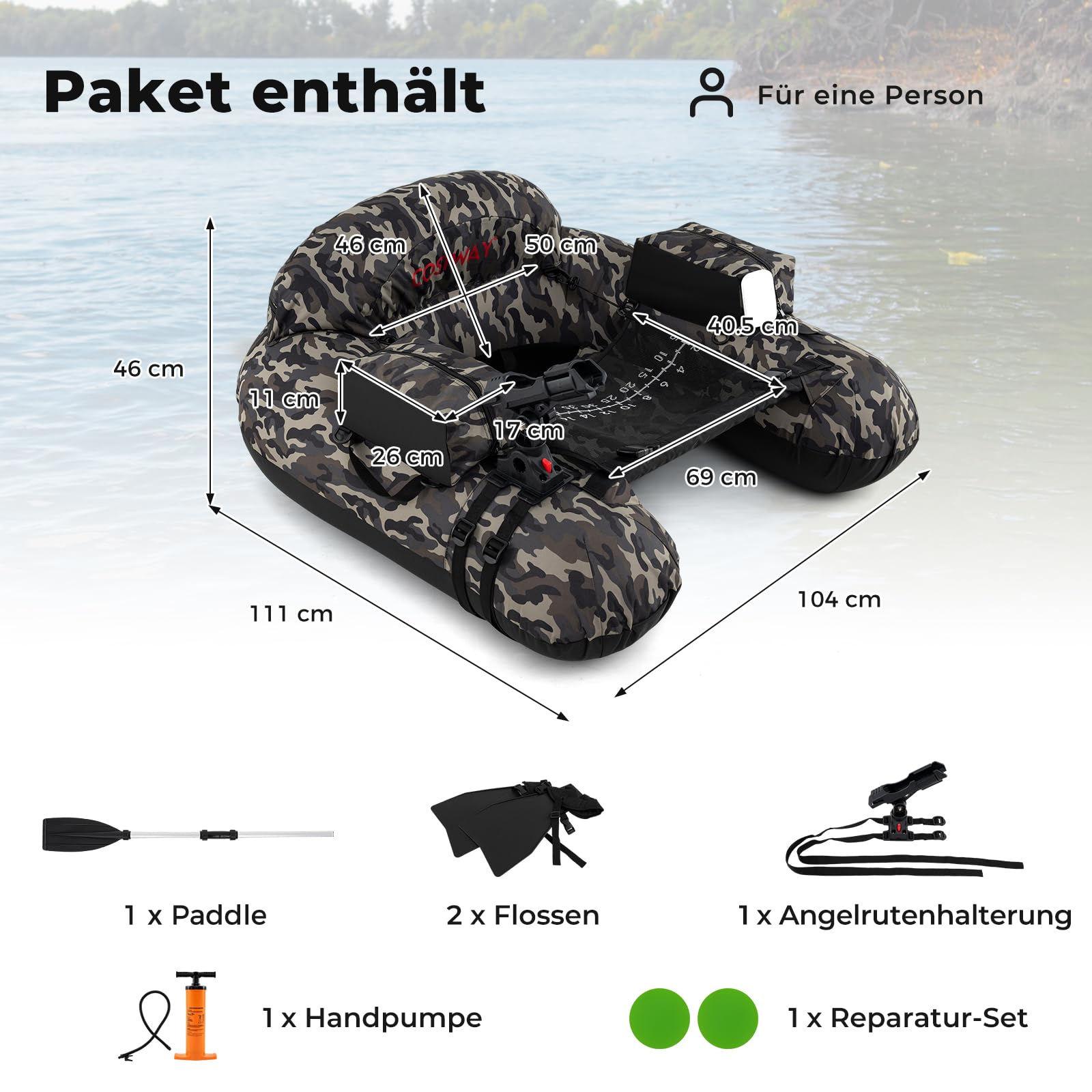 GOPLUS Aufblasbares Belly Boot, Angelboot mit Aluminium-Paddel, Flossen, Luftpumpe, Verstellbarer Angelrutenhalter, Staufächer, Schlauchboot tragbar für 1 Person, 111 x 104 x 46 cm