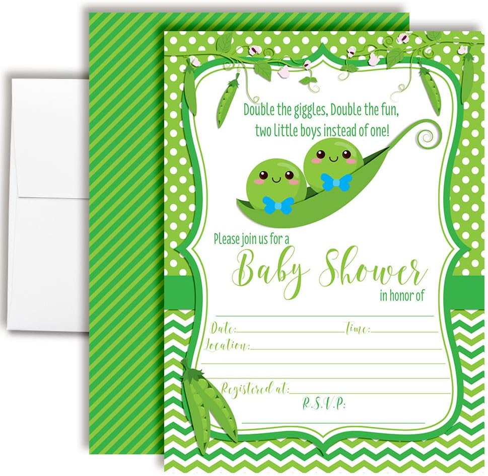 Two Peas in a Pod Twin Boy Baby Shower Invitations 20 5x7 Fill In Cards with Twenty White Envelopes by AmandaCreation