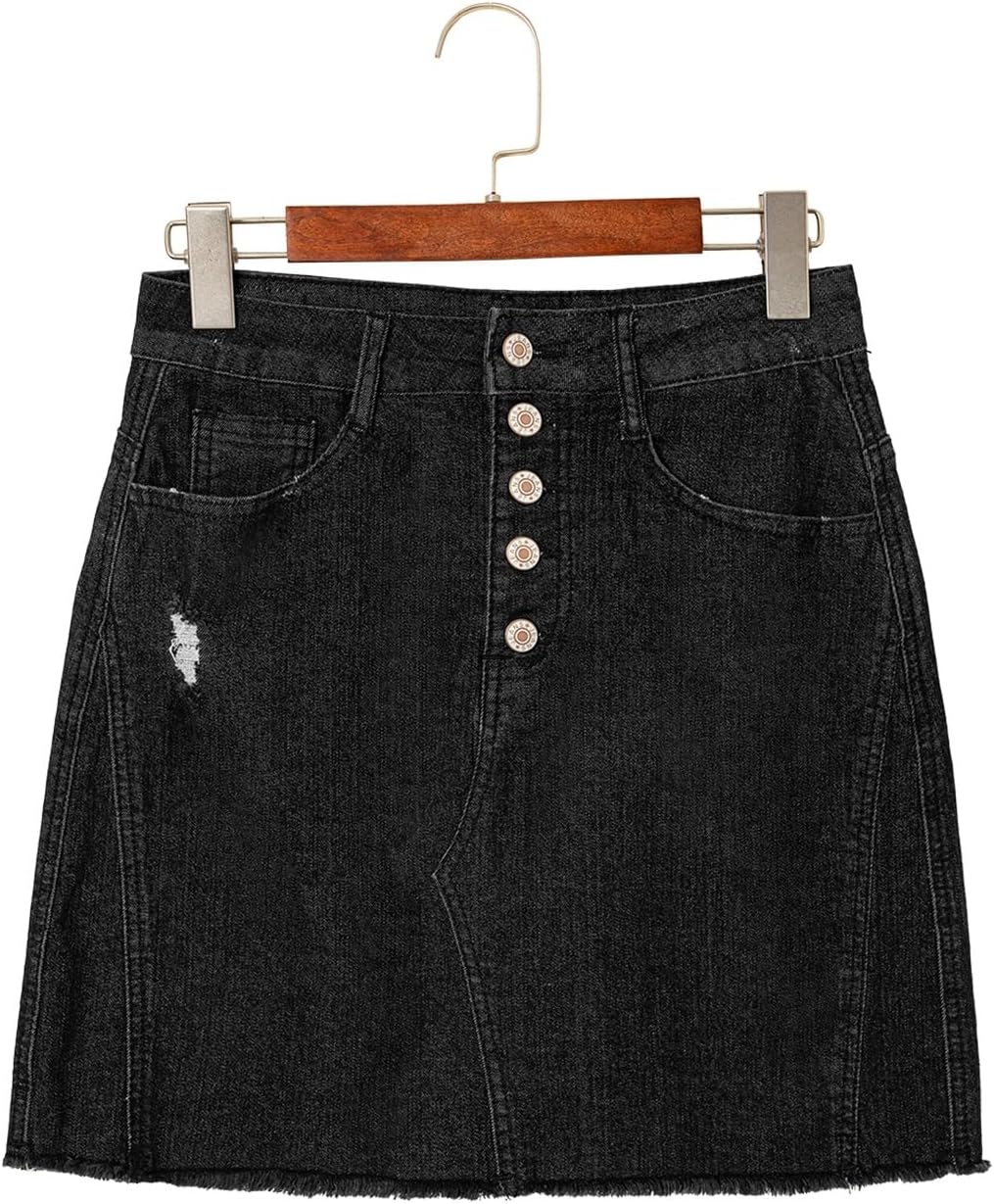 Sidefeel Women's Jean Skirt Stretchy Ripped Frayed Button Fly Summer Denim Skirt - Image 6