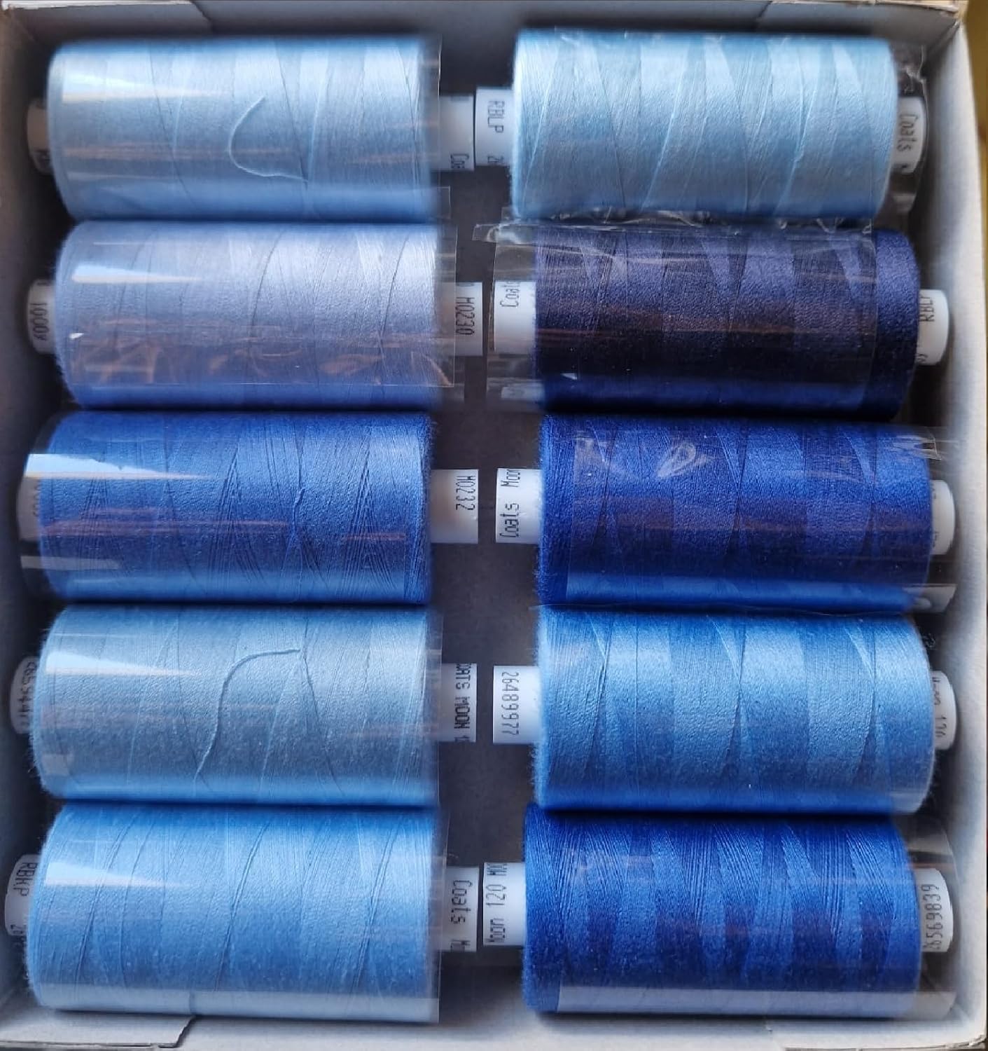Moon Assorted Sewing Thread Box of 10 reels Coats Moon Polyester All Purpose Threads for Sewing Overlocker Quilting Stitching Threads Set 1000 Yards Each spools (Moon Sewing Thread Blues)