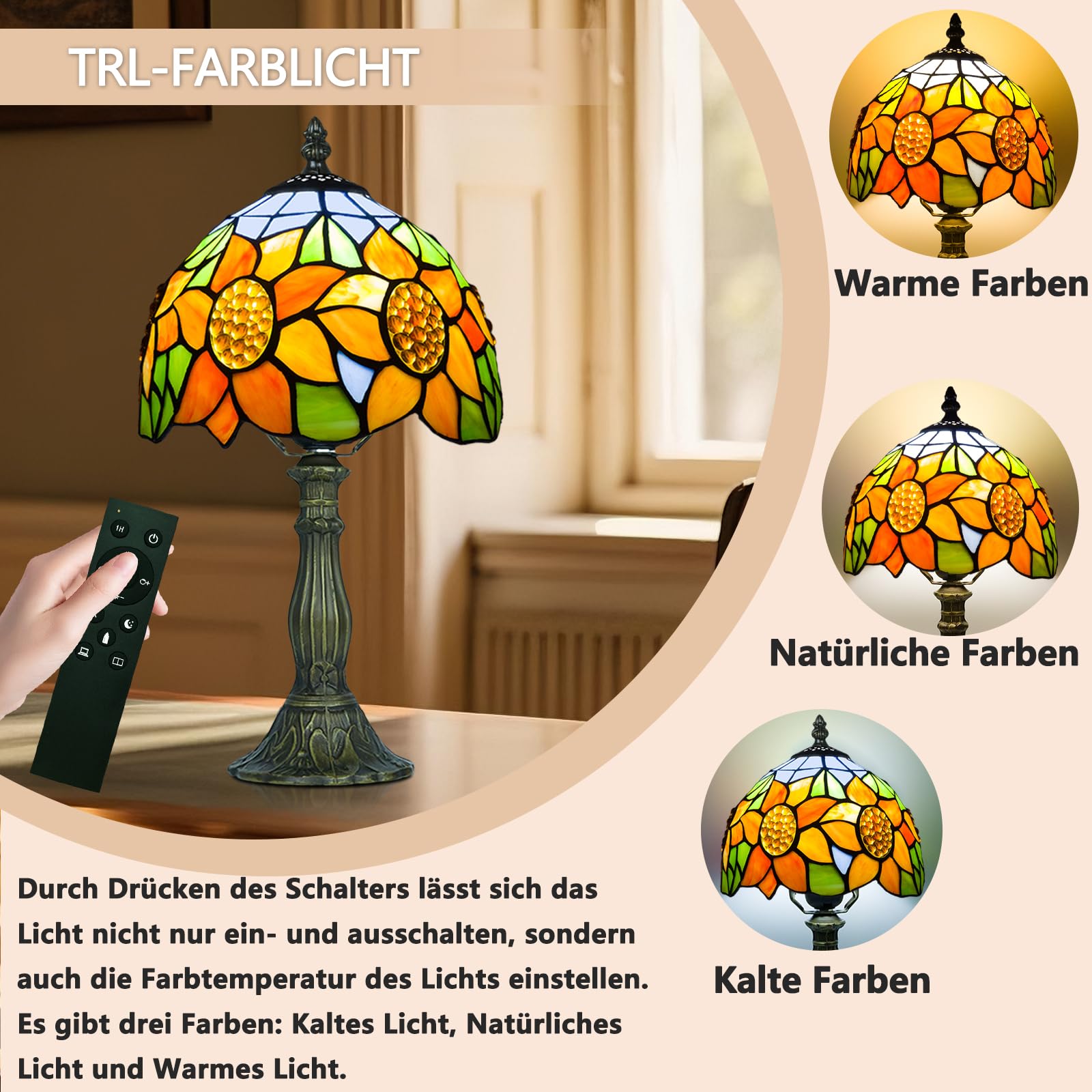 Tiffany-Tischlampe, Metallsockel, E27-Glühbirne Mit Fernbedienung, 8 Zoll Retro Stained Glass Lamp Für Wohnzimmern,Lesezimmern,Schlafzimmern Und Arbeitszimmern Verwendet (D Sonnenblume)