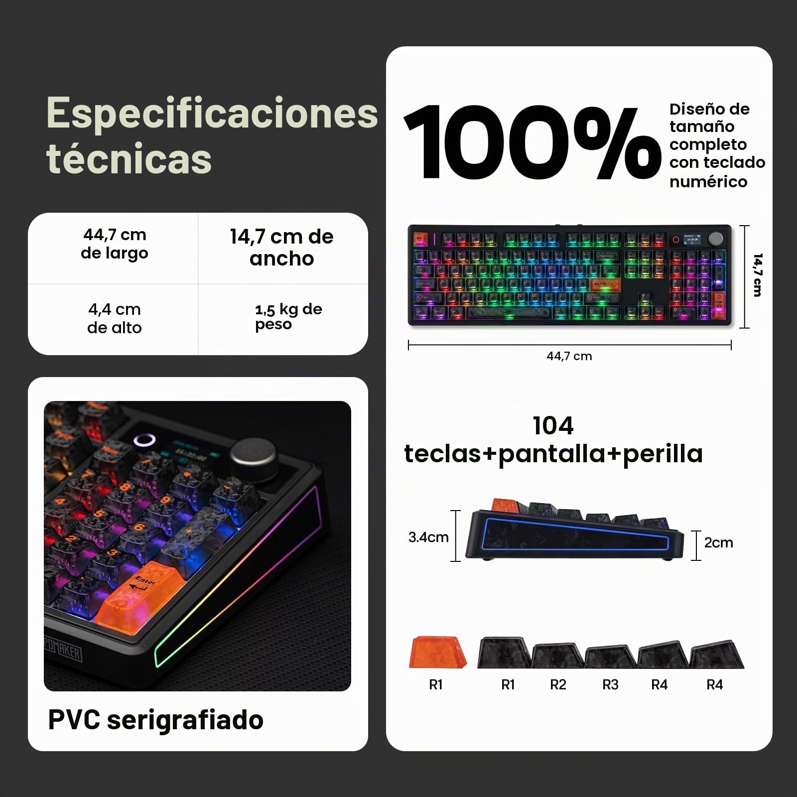 EPOMAKER TH108 V2 Pro Teclado Gaming Mecánico de Tamaño Completo con Pantalla y Perilla, 10000mAh, BT/2.4Ghz, Teclas PBT, Modificador de Mac, Hot Swap, RGB,Gasket,para Mac/PC (Negro, Creamy Jade) | Perilla, 10000mAh, BT/2.4Ghz, Teclas PBT, Modificador de