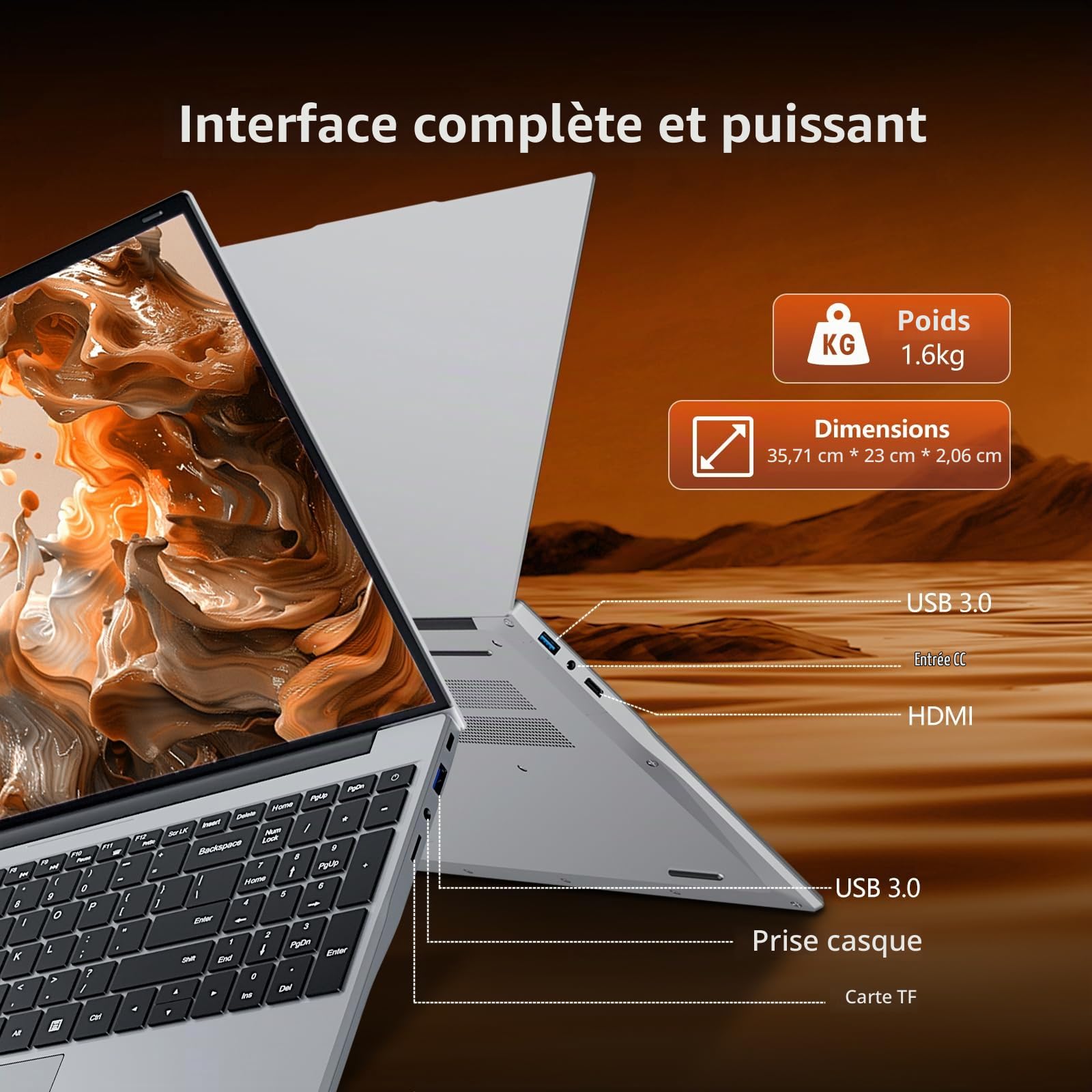 15,6 Pouces Ordinateur Portable, Win 11 PC Portable 16Go RAM DDR4 1To SSD, CPU Twin Lake-N150, Clavier Rétro-éclairé+Déverrouillage Empreinte, Laptop1080P Écran, WiFi5+Mini-HDMI+USB3.0+BT4.2+Webcam