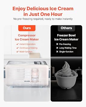 VEVOR Automatic Ice Cream Maker with Built-in Compressor, 2 Quart No Pre-freezing Gelato Maker, Electric Sorbet-Maker, 3 Modes Compressor Ice Cream Machine for Home Kitchen