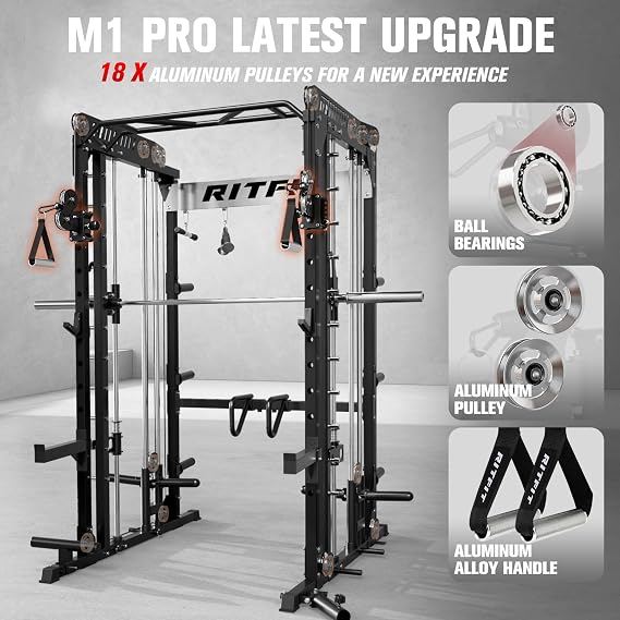 RitFit M1 Pro Smith Machine with Cable Crossover System, Multi-Function Squat Rack Power Cage for Home Gym, Power Rack and Packages