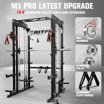 RitFit M1 Pro Smith Machine with Cable Crossover System, Multi-Function Squat Rack Power Cage for Home Gym, Power Rack and Packages